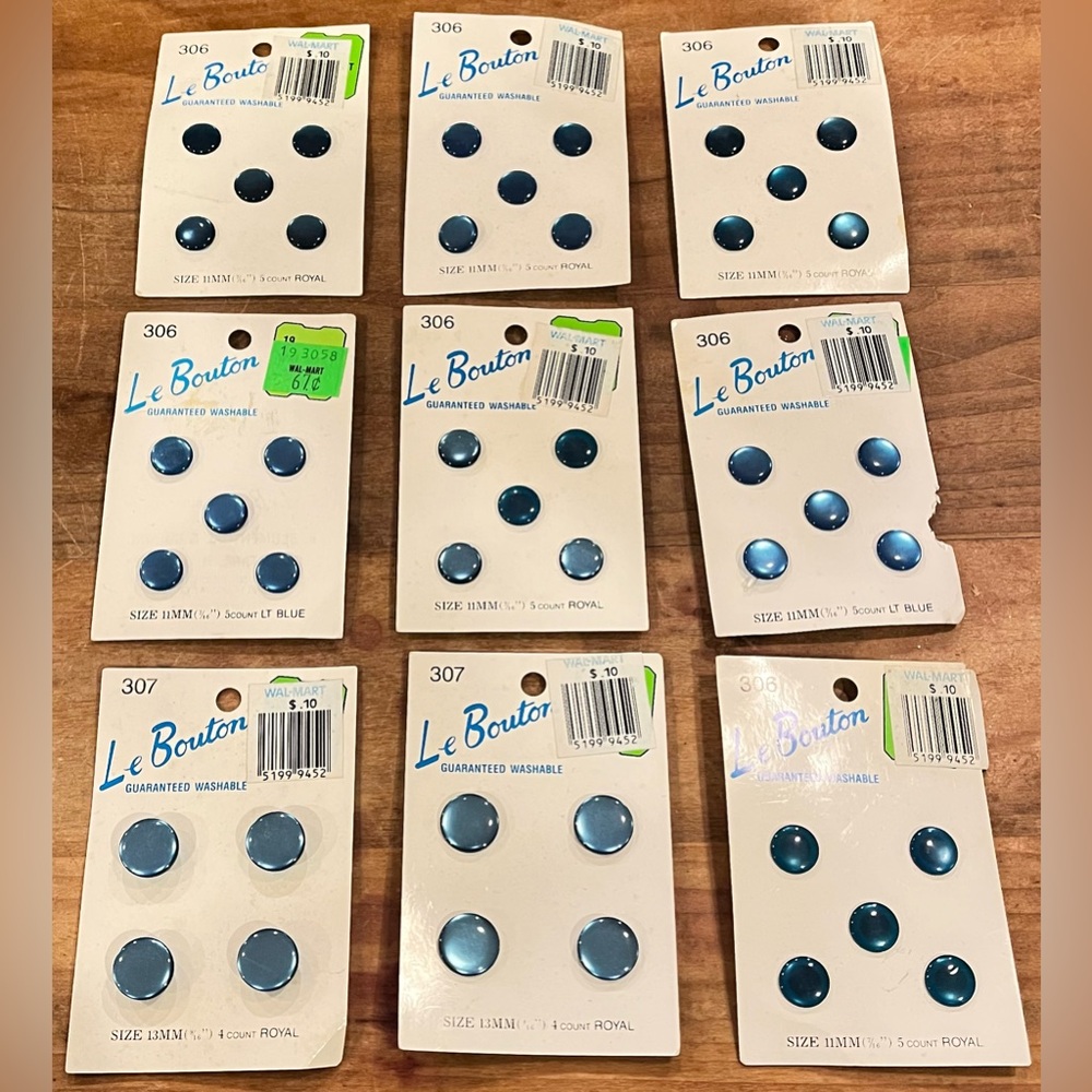 NOS Vintage Le Bouton Blue Button Lot Of 9 On Card Style 306, 307
